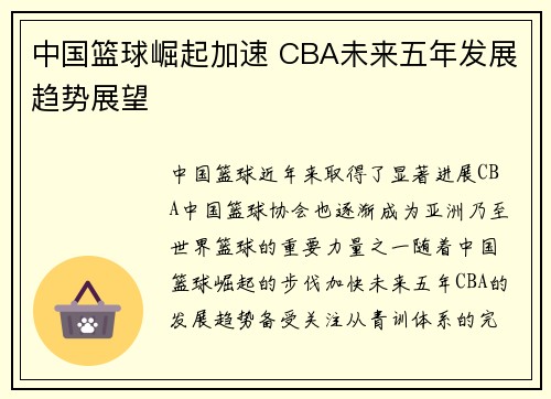 中国篮球崛起加速 CBA未来五年发展趋势展望